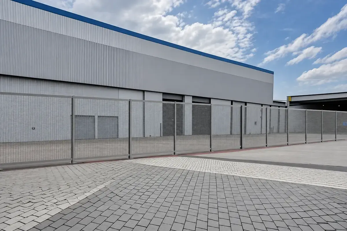 Grey close mesh security fencing along an industrial building