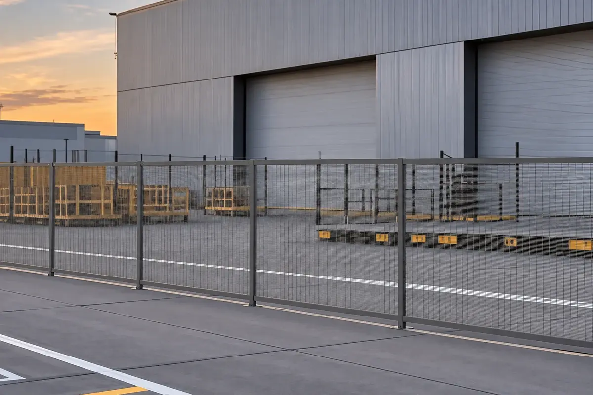 Single layer close mesh fence along an industrial boundary