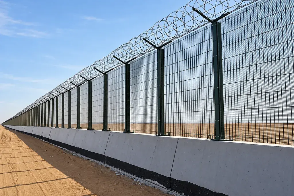 Close mesh security fence on a concrete perimeter support