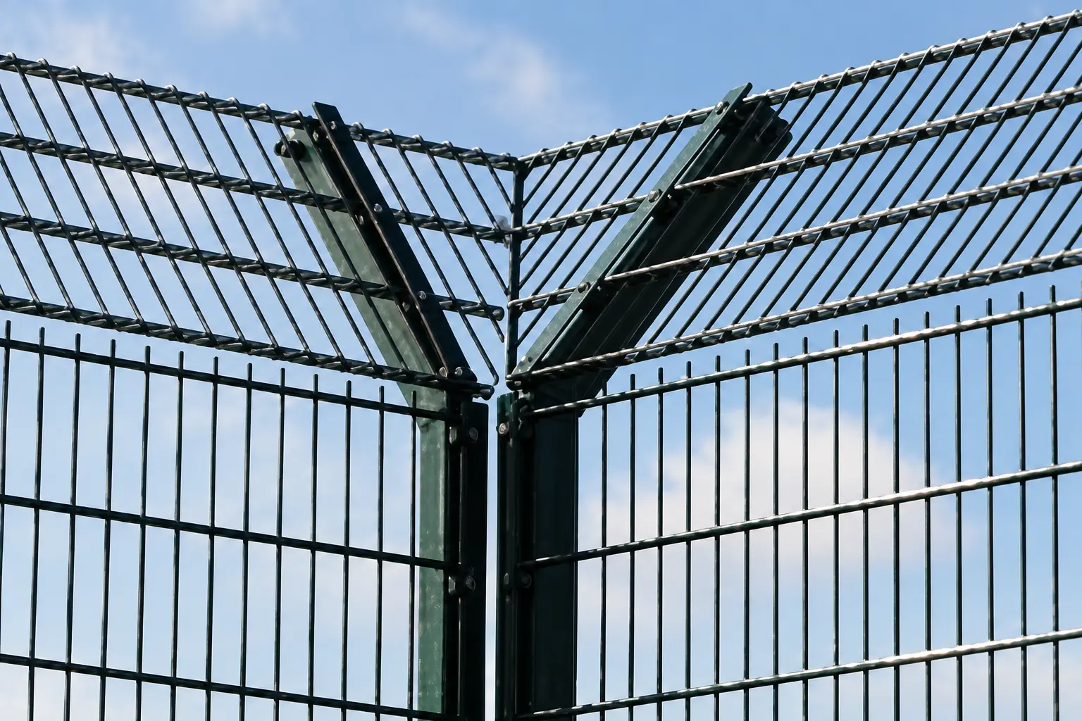 Two inclined mesh fence toppings meeting at a corner post