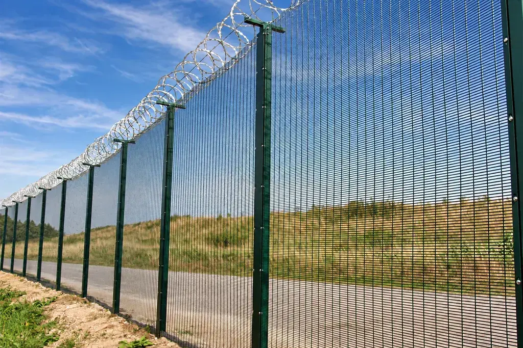 Razor wire coils supported above a security mesh fence