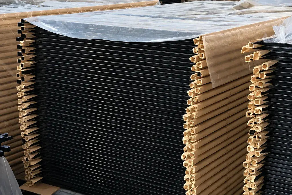 Stacked metal security fence panels protected for shipping