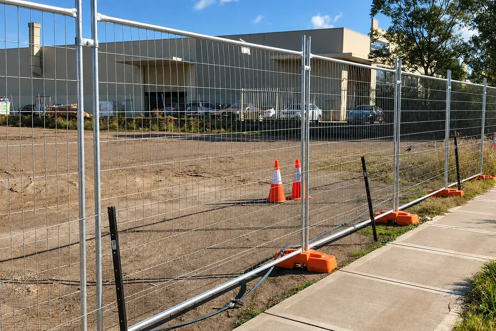 Temporary mesh fence separating an active work area from a footpath