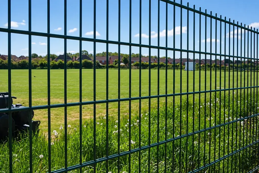 Green double wire mesh fence beside an open field