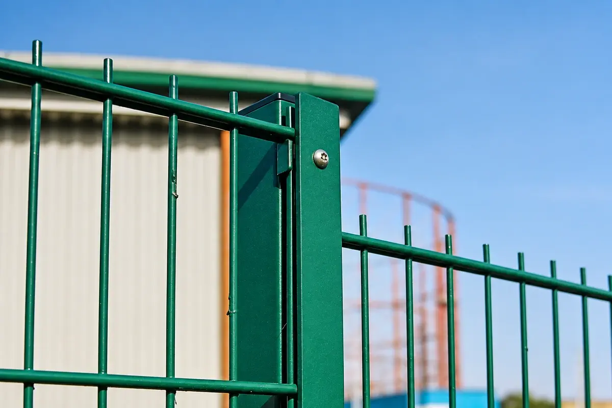 Green double wire mesh panel fastened to a square post