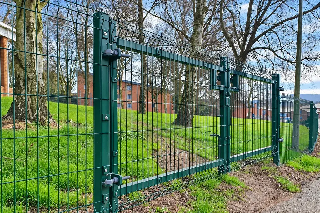 Green rigid welded mesh fence around a grass area