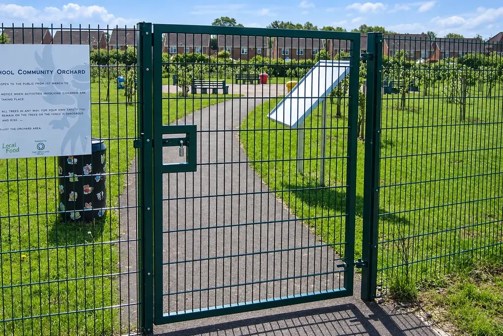 Mesh fence gate between posts at an outdoor site