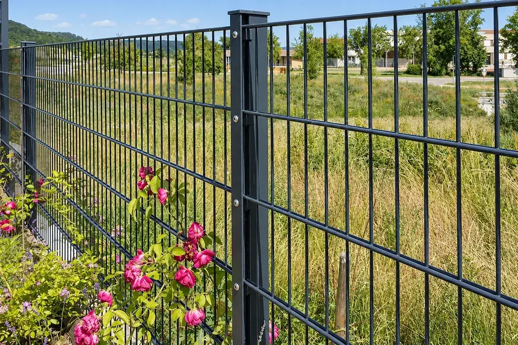 Welded wire fence panel edge fixed beside a square post