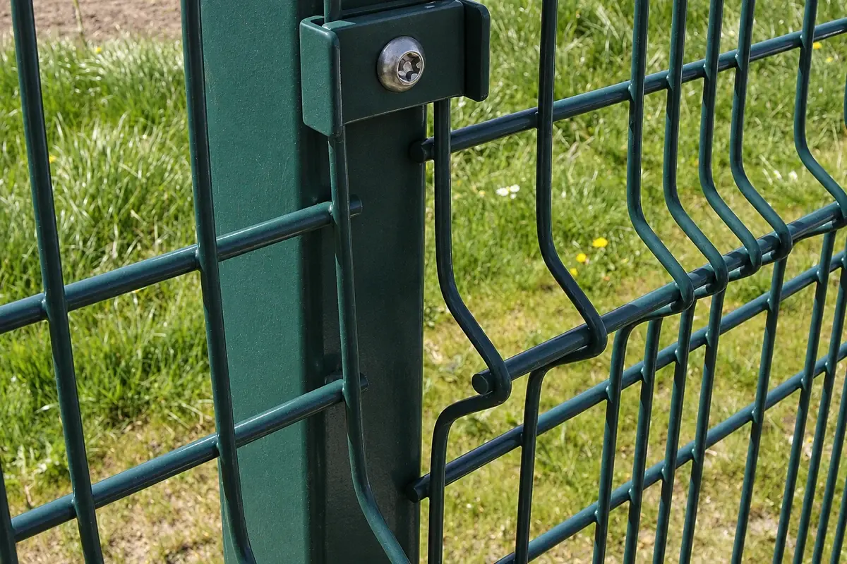 Close view of a welded mesh panel held to a square post by a fixing clip