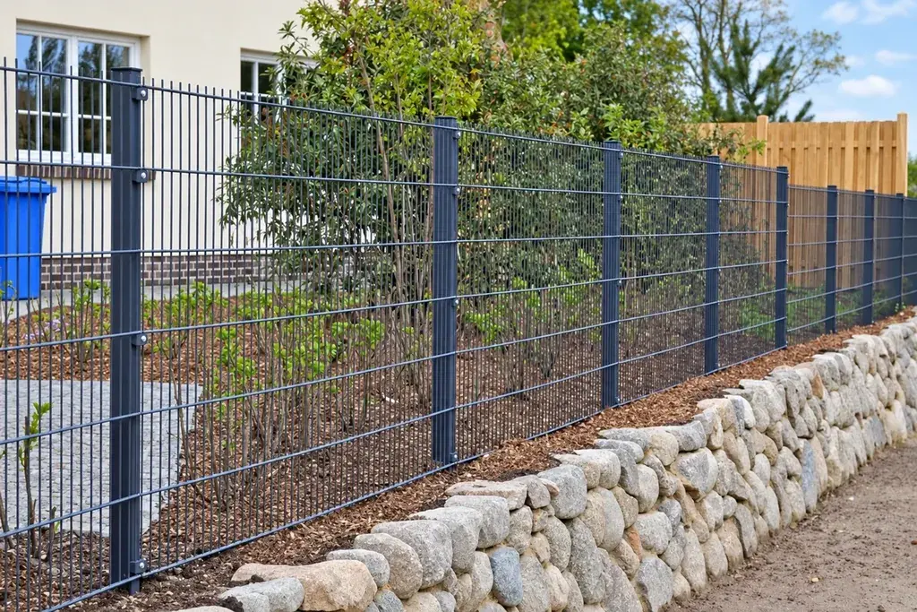 Welded mesh panel meeting a square post along a sloped site