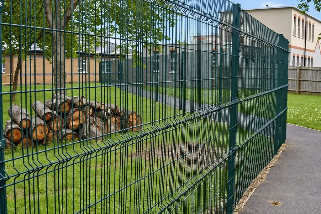 Angled view of profiled welded mesh fencing and its horizontal reinforcement