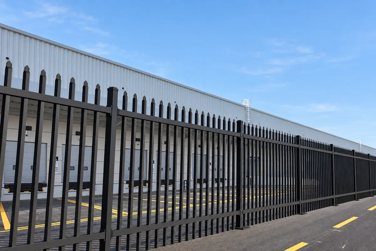 Black garrison style tubular fence panels along an industrial building