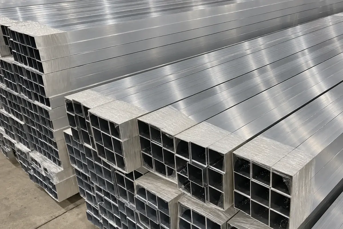 Stacked aluminium hollow sections showing varied internal profiles