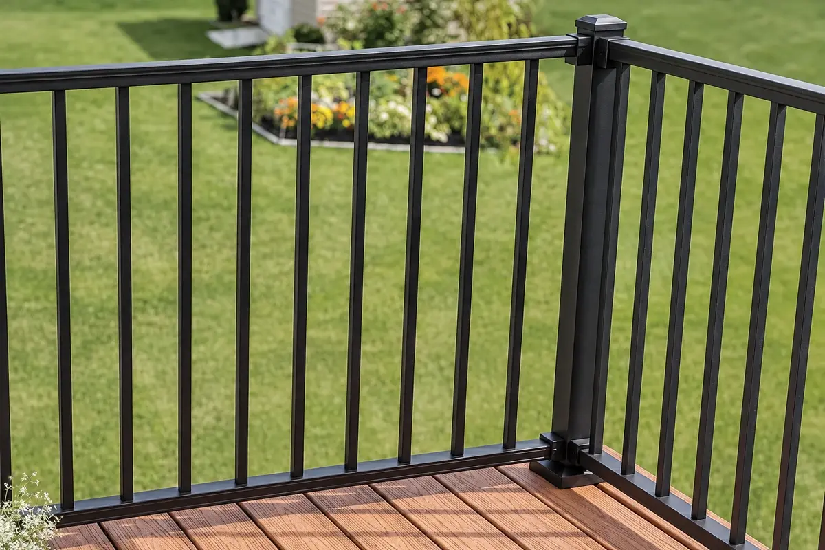 Black steel railing with vertical bars installed around a timber deck