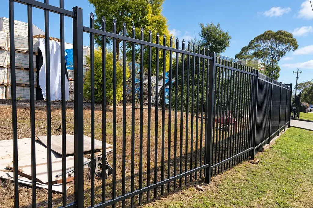 Black steel fence with exposed spear-shaped picket tops along an outdoor boundary