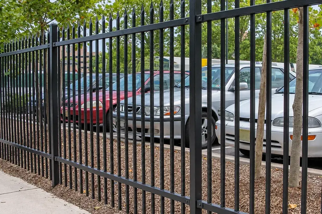 Black metal fence panels meeting at a square post along a boundary