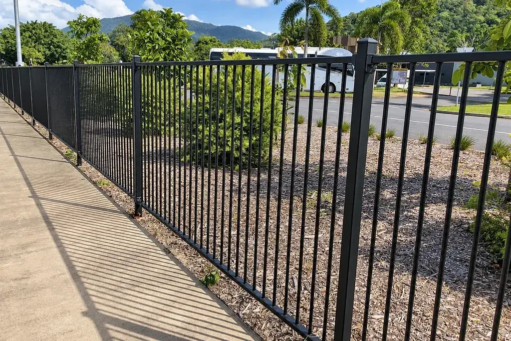 Black flat-top steel fence with vertical bars and posts beside a paved boundary
