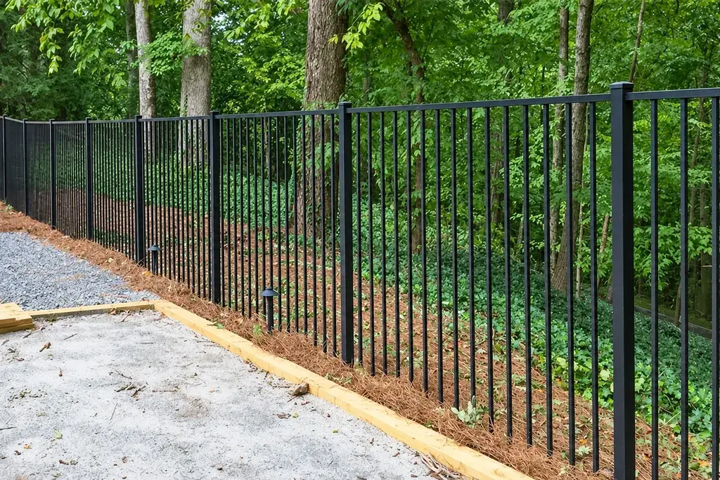 Black metal fence panels repeating between posts beside a landscaped path