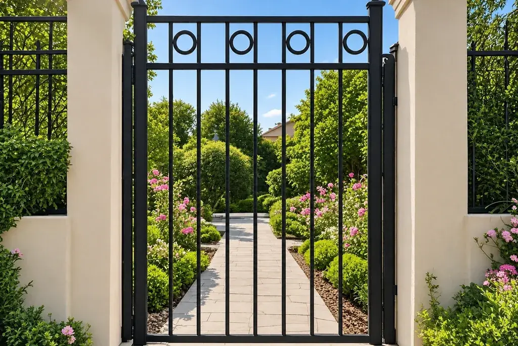 Black metal pedestrian gate with a row of circular ornaments above vertical bars