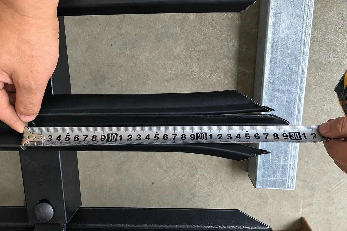 Steel palisade fence section being measured with a tape measure
