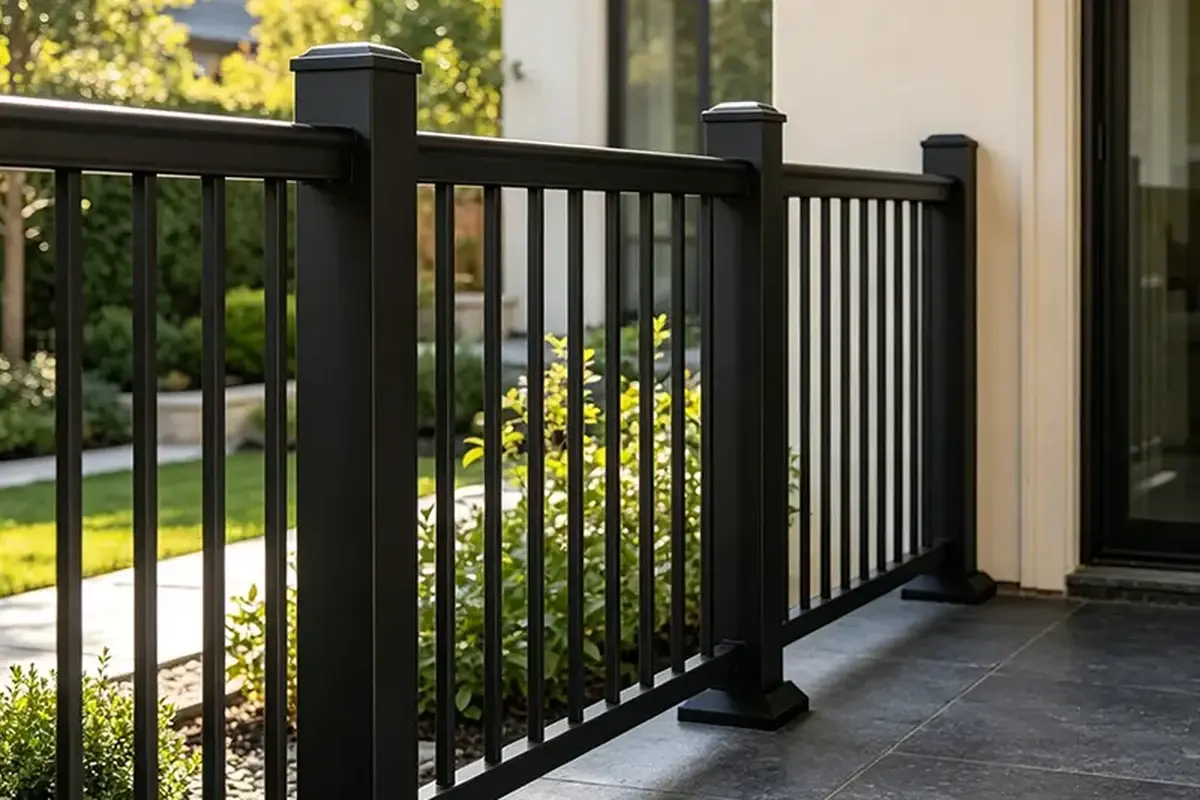 Black aluminium railing with vertical balusters around an outdoor terrace