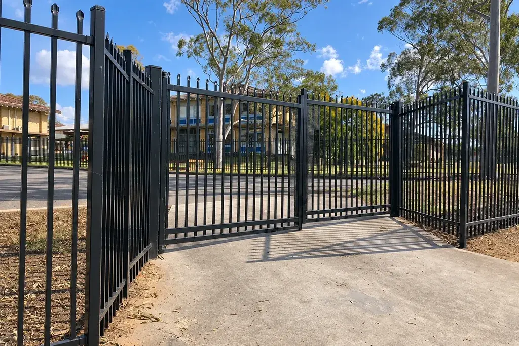 Black double swing gate opened over a paved entrance