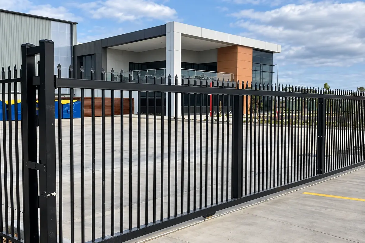 Black sliding gate beside a paved entrance and fence line