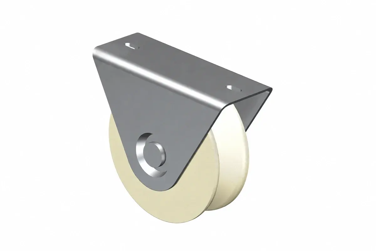 Gate wheel held in a metal mounting bracket