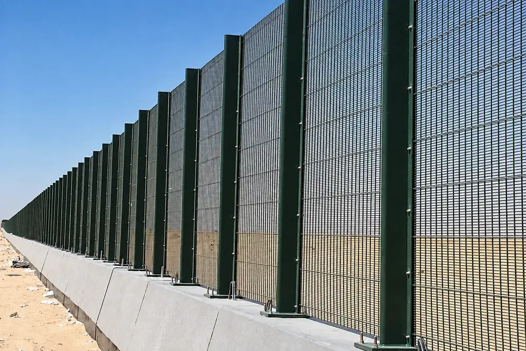 Tall close-mesh security fence with regularly spaced posts