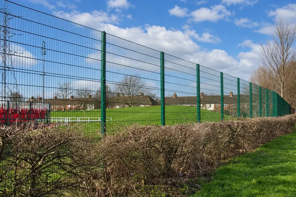 Mesh fence panels supported by repeated line posts along a boundary
