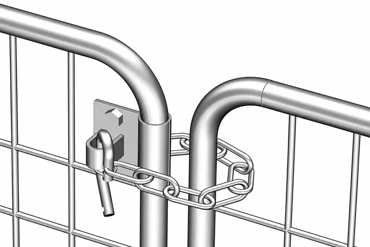 Metal clamp fastener holding two mesh gate leaves together