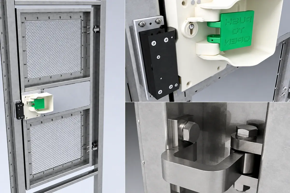 Gate lock and release hardware shown on a metal pedestrian gate