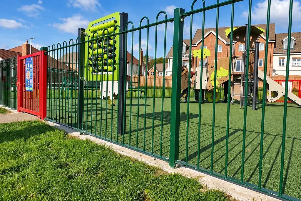 Playground entrance beside green bow-top perimeter fencing