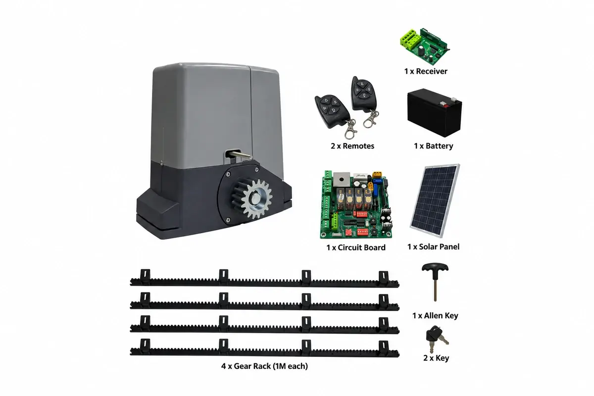 Gate drive kit with motor, controls, receiver and other components