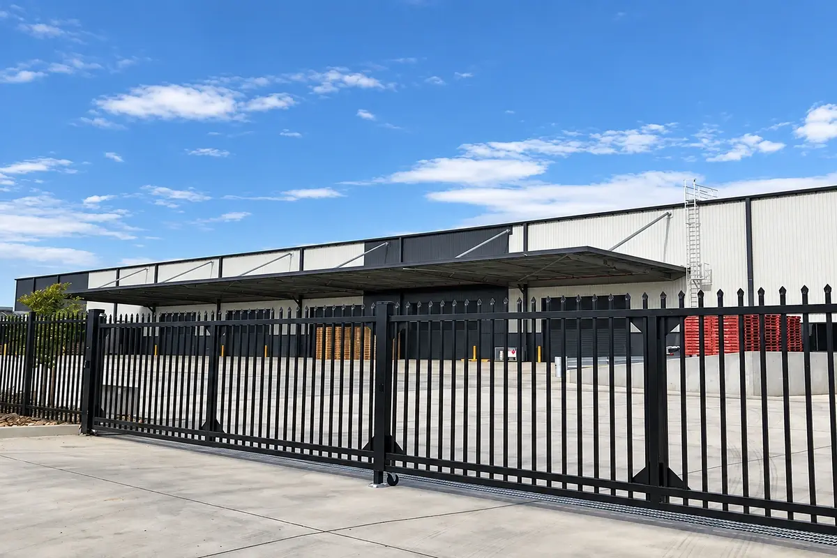 Metal sliding gate across a paved industrial entrance