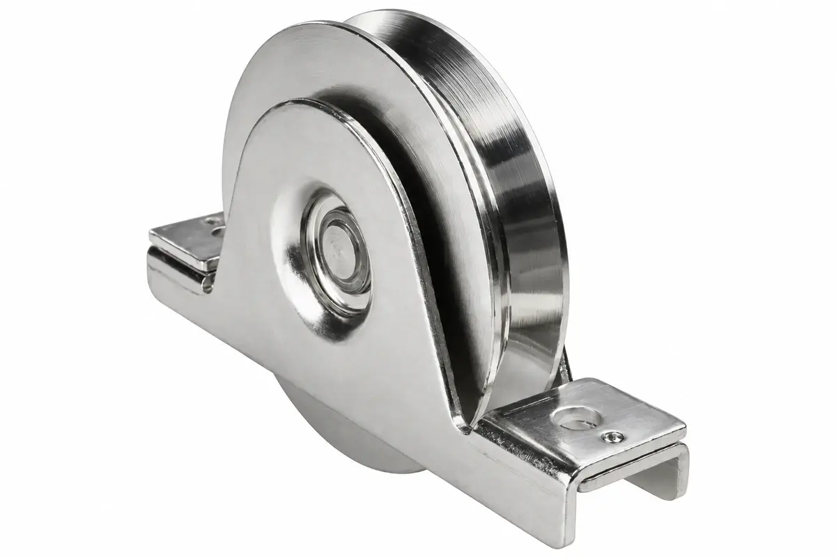 Steel grooved wheel component for a sliding gate