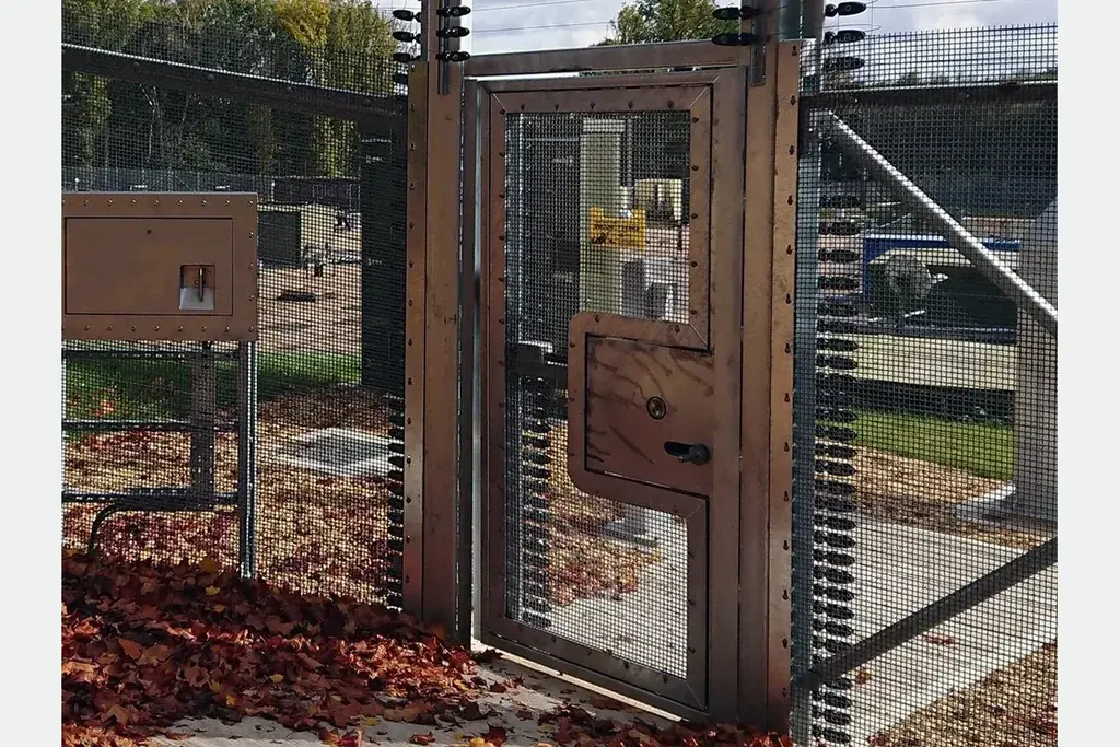 Pedestrian security gate with visible frame, posts and approach