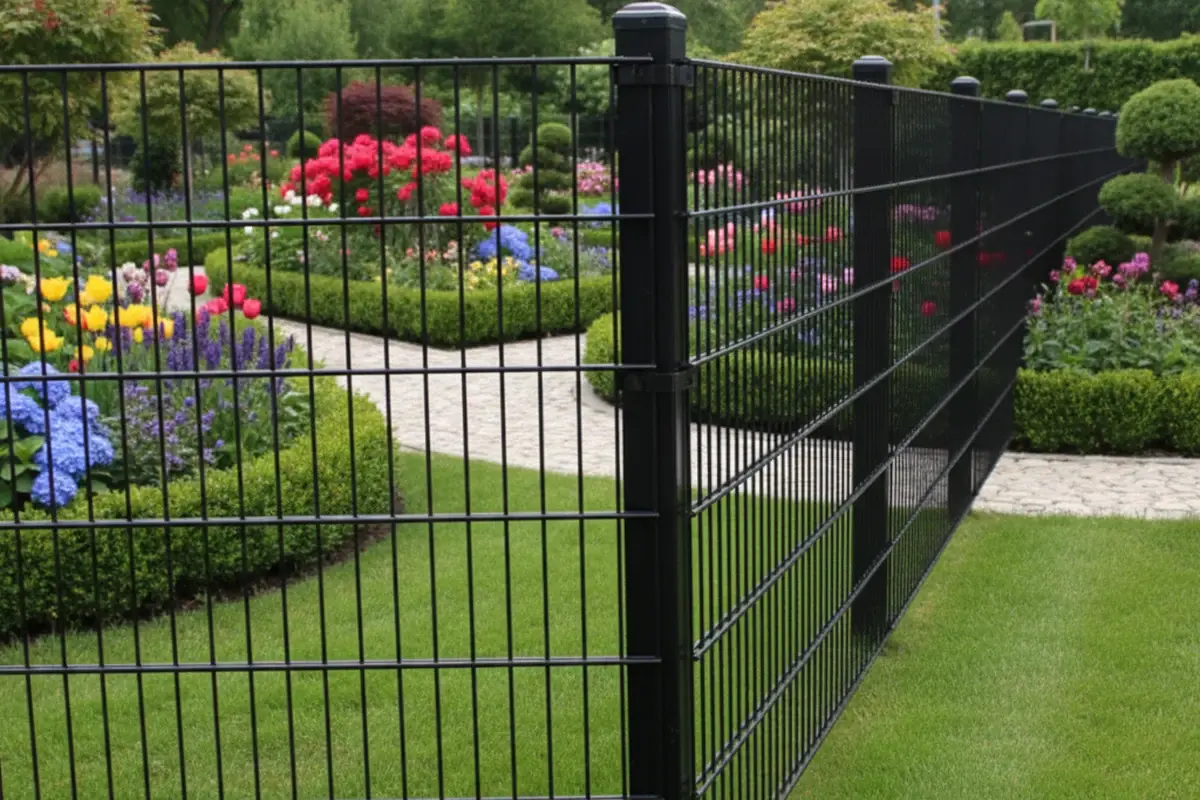 Black tubular fence posts supporting metal mesh panels along a garden boundary