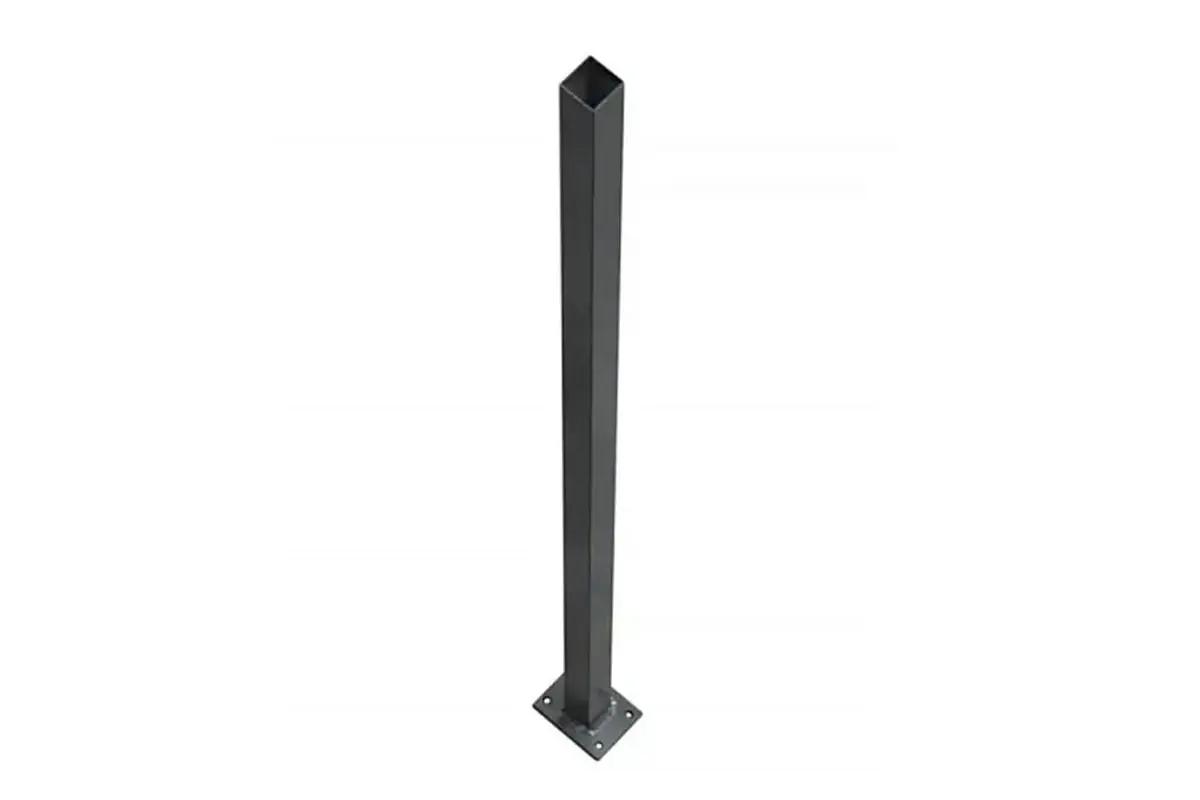 Black fence post with a square flanged base plate