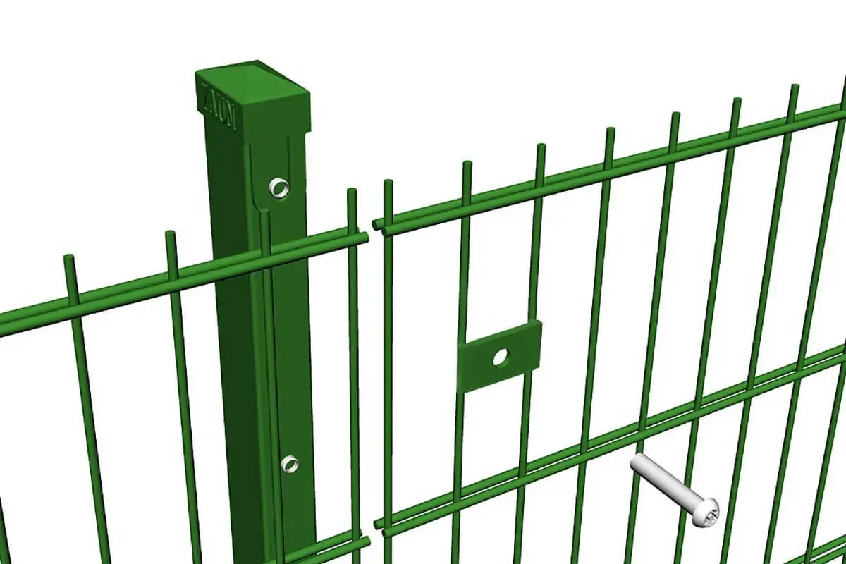 Green mesh fence panel fixed to a square post with a metal fitting