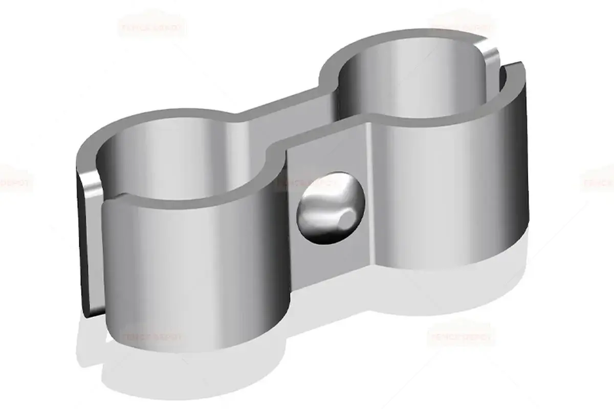 Galvanised double pipe clamp with two circular tube seats and a central fastener
