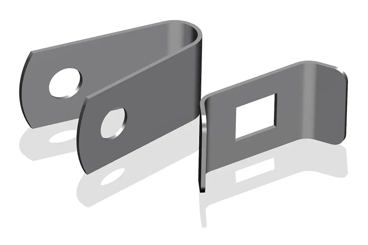 Two grey metal wire fence clips with bent seats and fixing holes