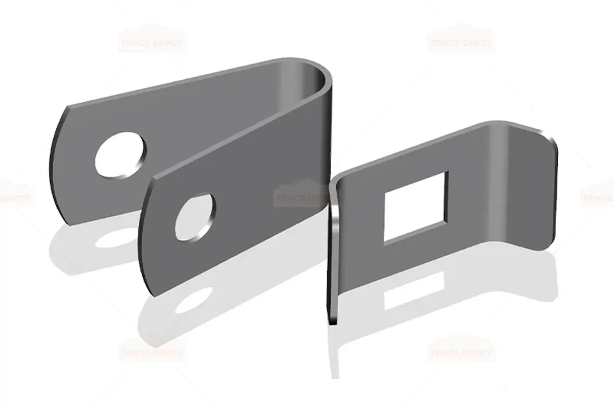 Two separate grey steel fence wire clips with different openings