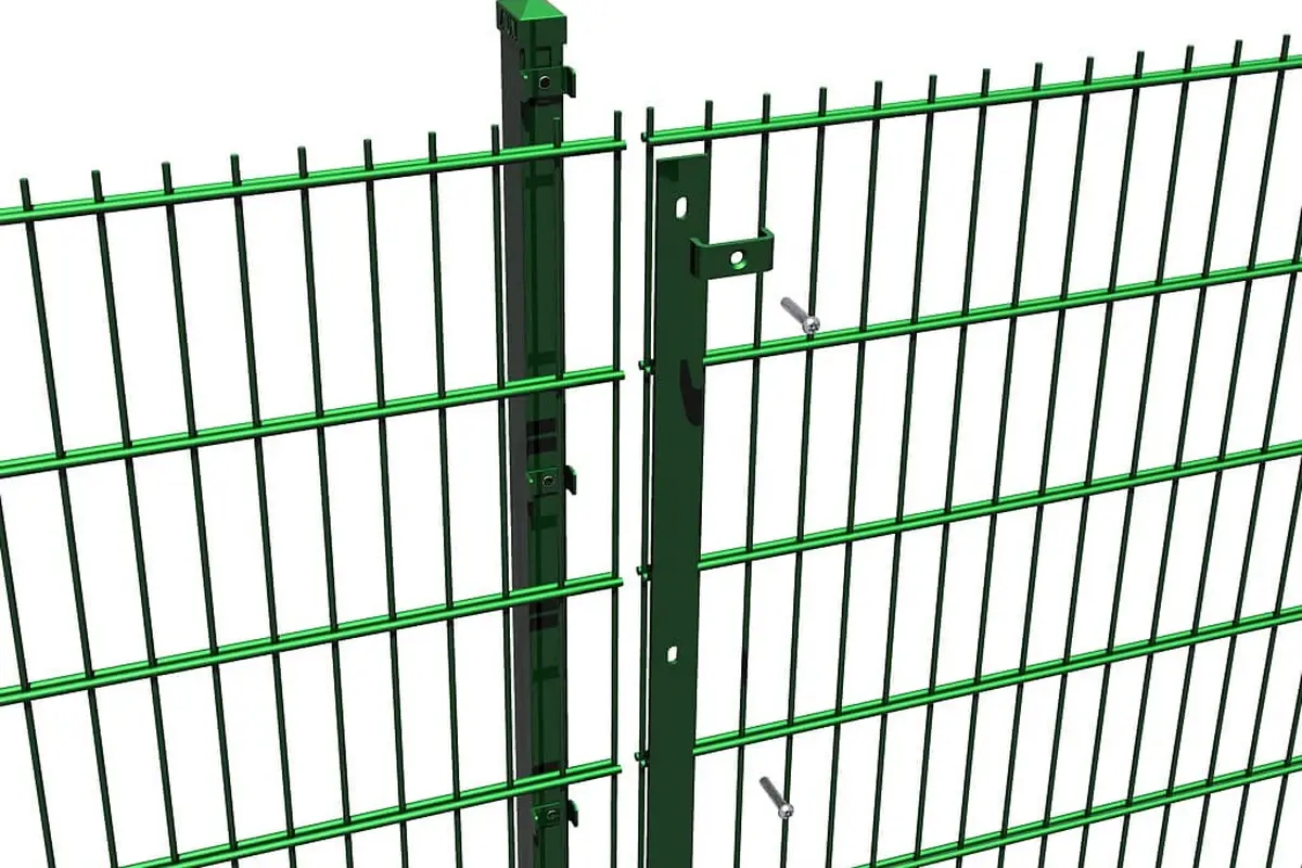 Green twin-wire mesh panel and square post shown with separate fixing points