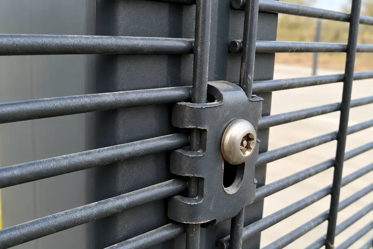 Metal mesh fence clip secured to a post with a recessed security-head screw