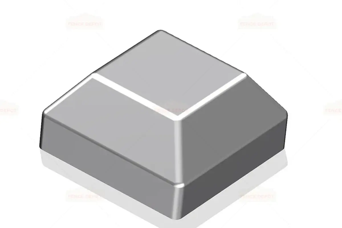 Grey square metal fence post cap with a broad cover rim