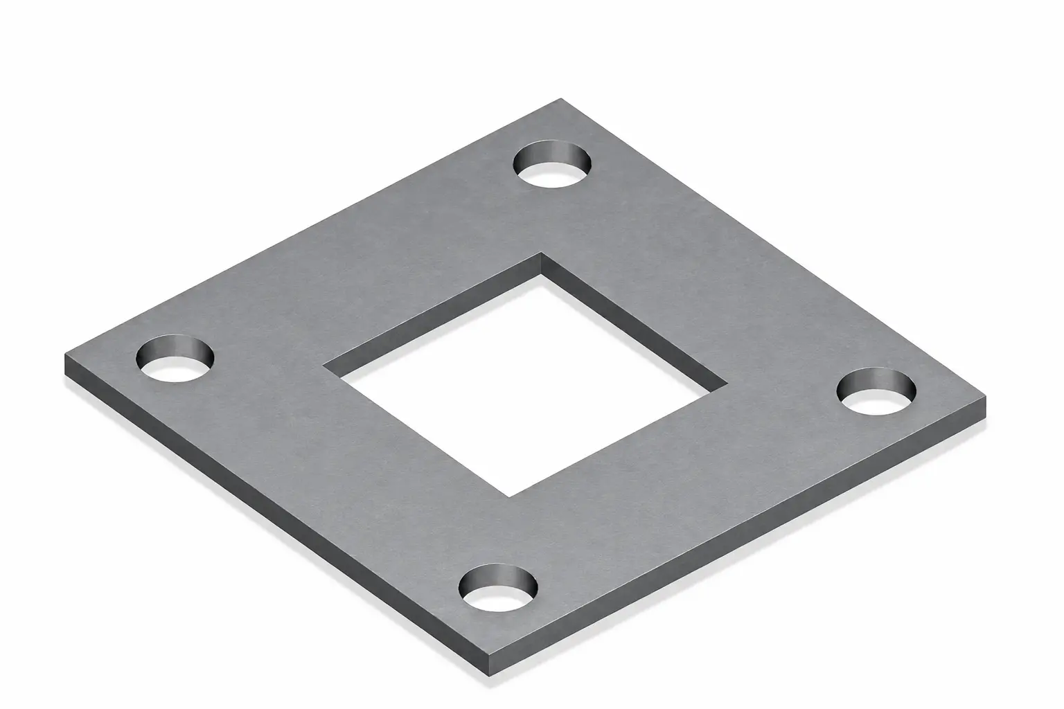 Grey square steel base plate with a central post opening and four fixing holes