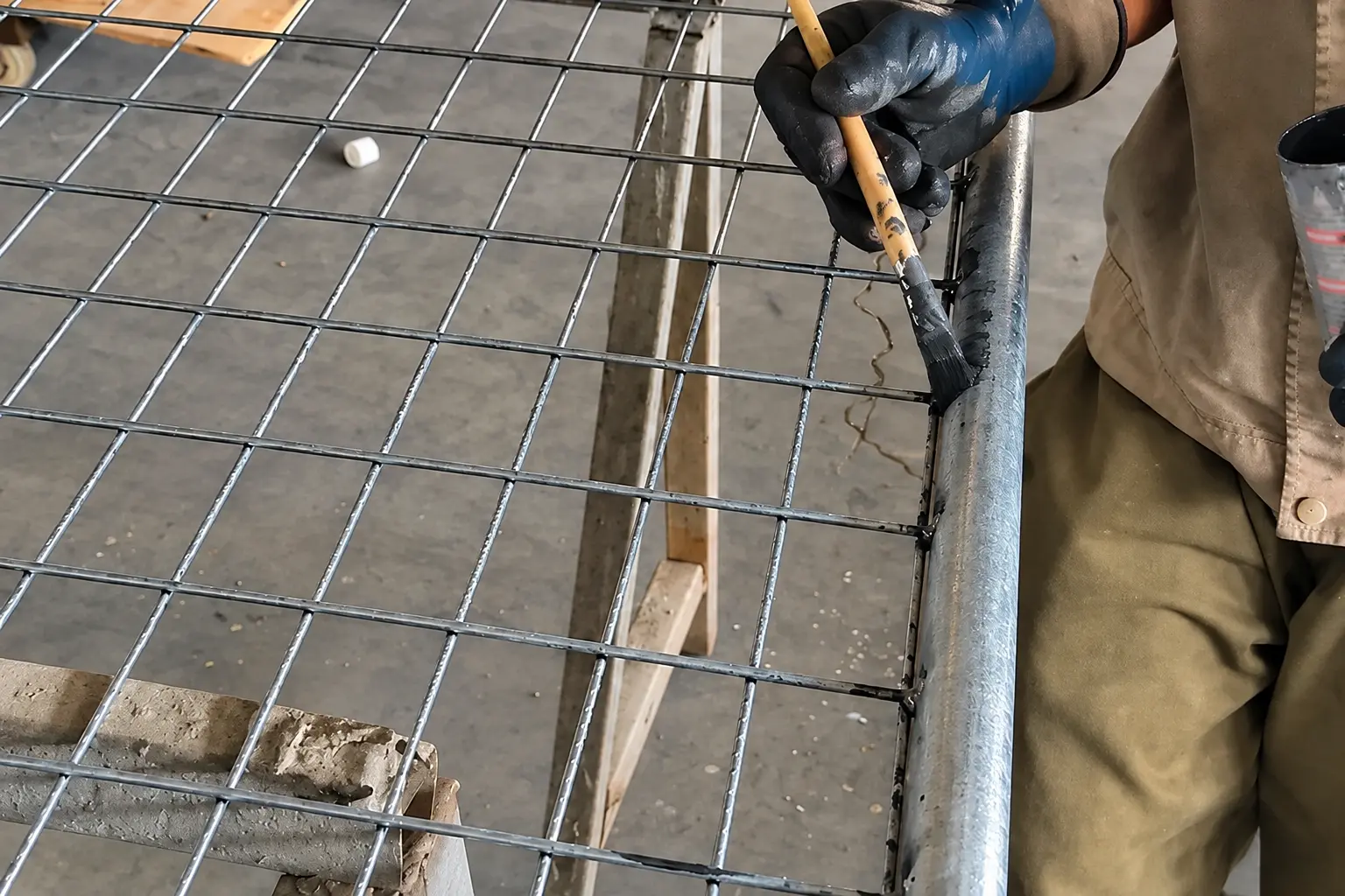 Worker joining a metal fence panel edge during fabrication