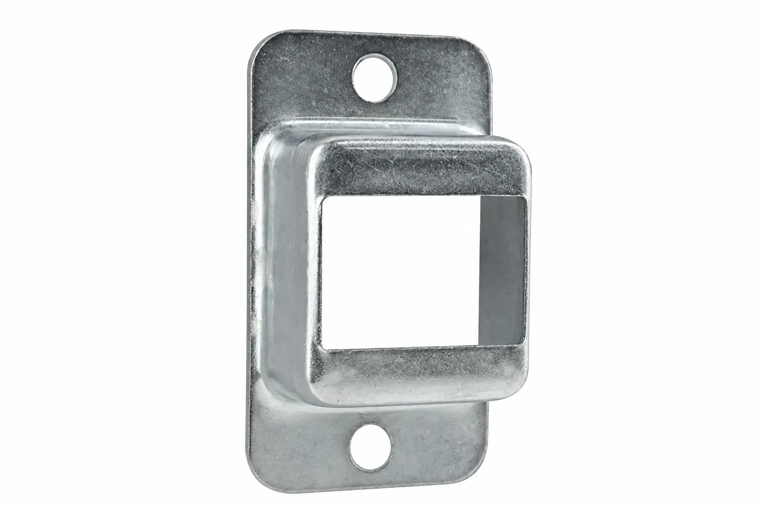 Zinc plated metal rail bracket with two mounting holes and a rectangular seat