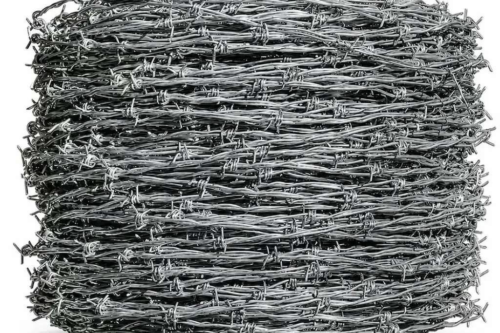 Compact roll of galvanised barbed wire showing projecting wire barbs